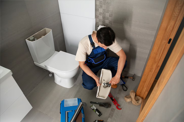 Plumber repairing a toilet in a bathroom, with tools scattered on the floor.