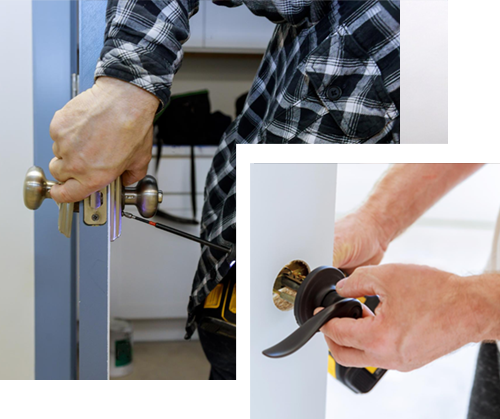 Man painting a white shelf and measuring a built-in bookshelf, wearing gloves.