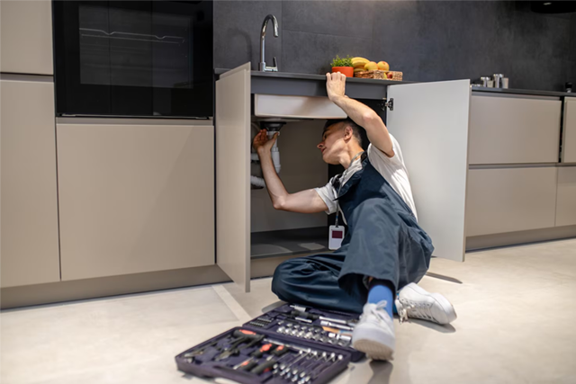 Person lying on kitchen floor reaching under an open cabinet, with a toolbox in front and produce on the counter.
