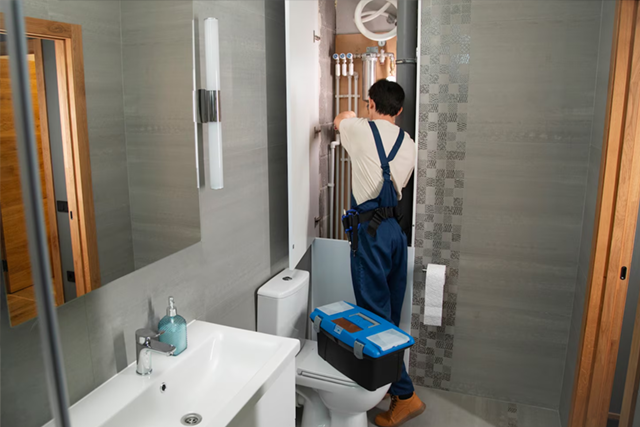 Person in blue overalls cleaning a bathroom shower with a mop, beside a sink and toilet.