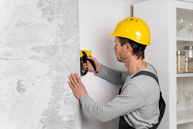 Worker in a yellow hard hat measuring a wall with a tape measure indoors