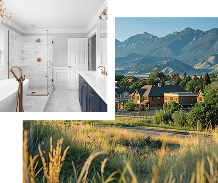 Bathroom with marble tile and blue vanity, houses with mountains in the background, and tall grass field.