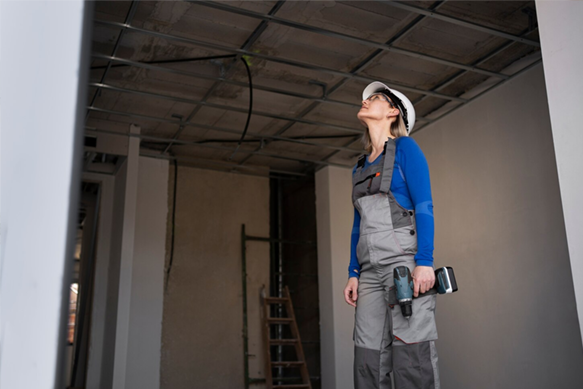 Worker in gray overalls and blue shirt holding a drill, inspecting a room under construction.