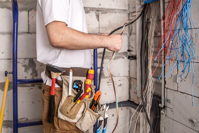 Electrician with tool belt working on exposed wiring in a utility room