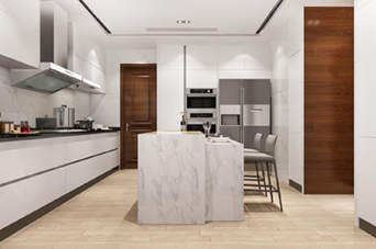Black kitchen faucet with flexible spring and pull-down sprayer, white countertop.