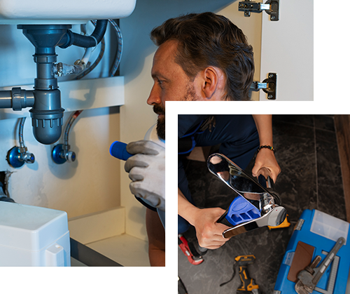 Plumber fixing pipes under a sink; person using tool.