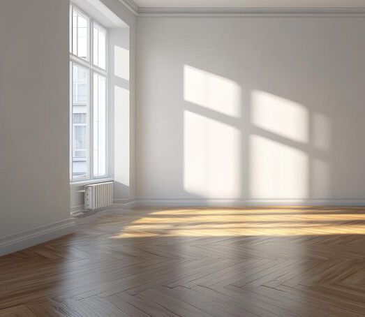 An empty room with a wooden floor and a large window.
