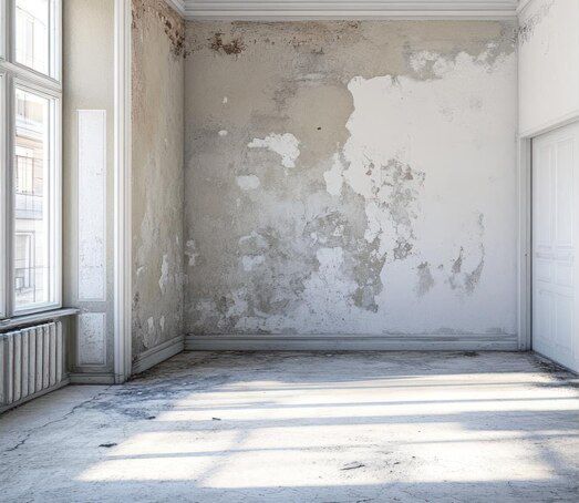 An empty room with peeling paint on the walls and a concrete floor.