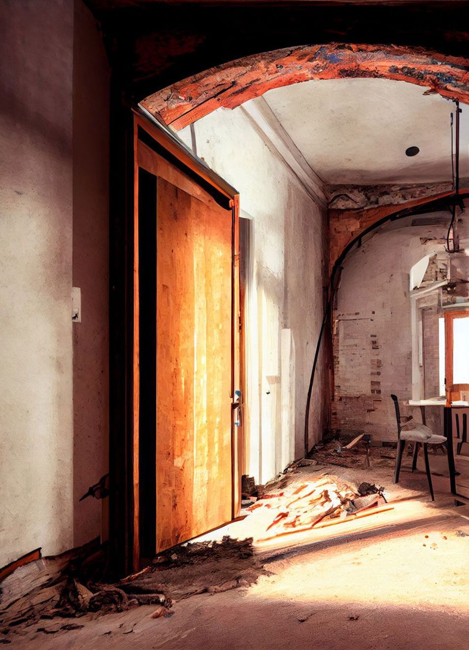 A hallway with a wooden door and a table and chairs