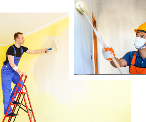 Painters using rollers on a wall and ceiling, one standing on a ladder and one wearing a mask and hard hat.
