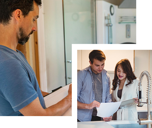 Man inspecting door frame, couple reviewing papers in kitchen.