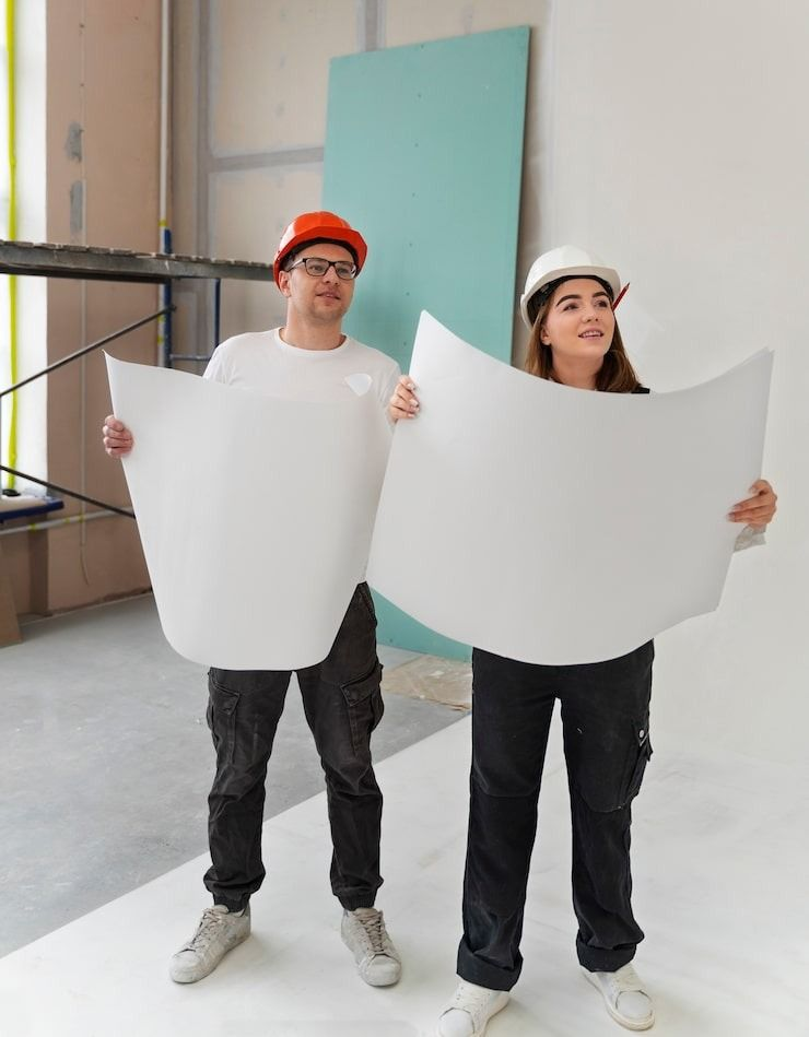 Two people in hard hats hold large white panels in a bright studio space.
