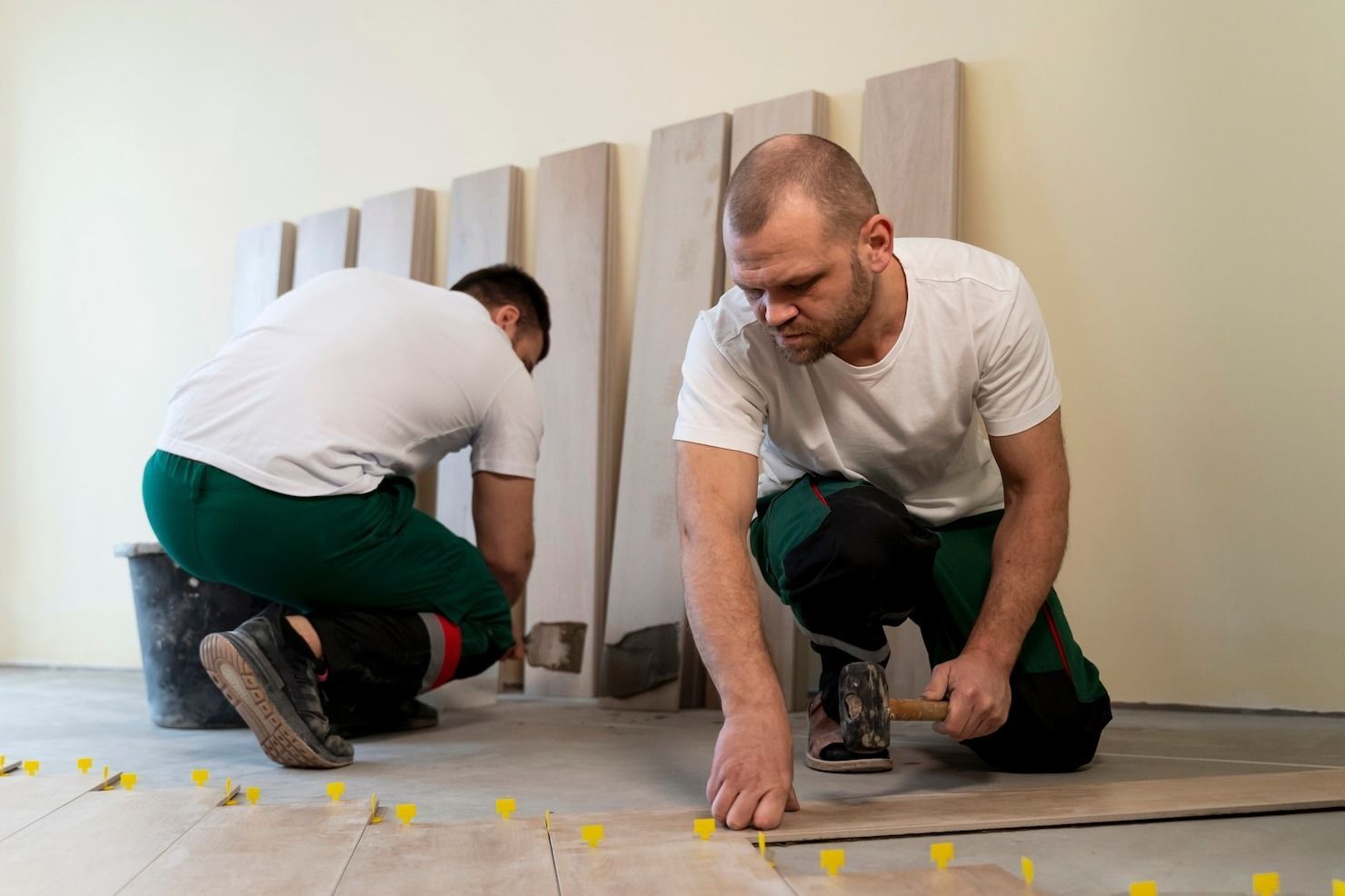 Two workers install vertical wall panels on a floor in a bright room