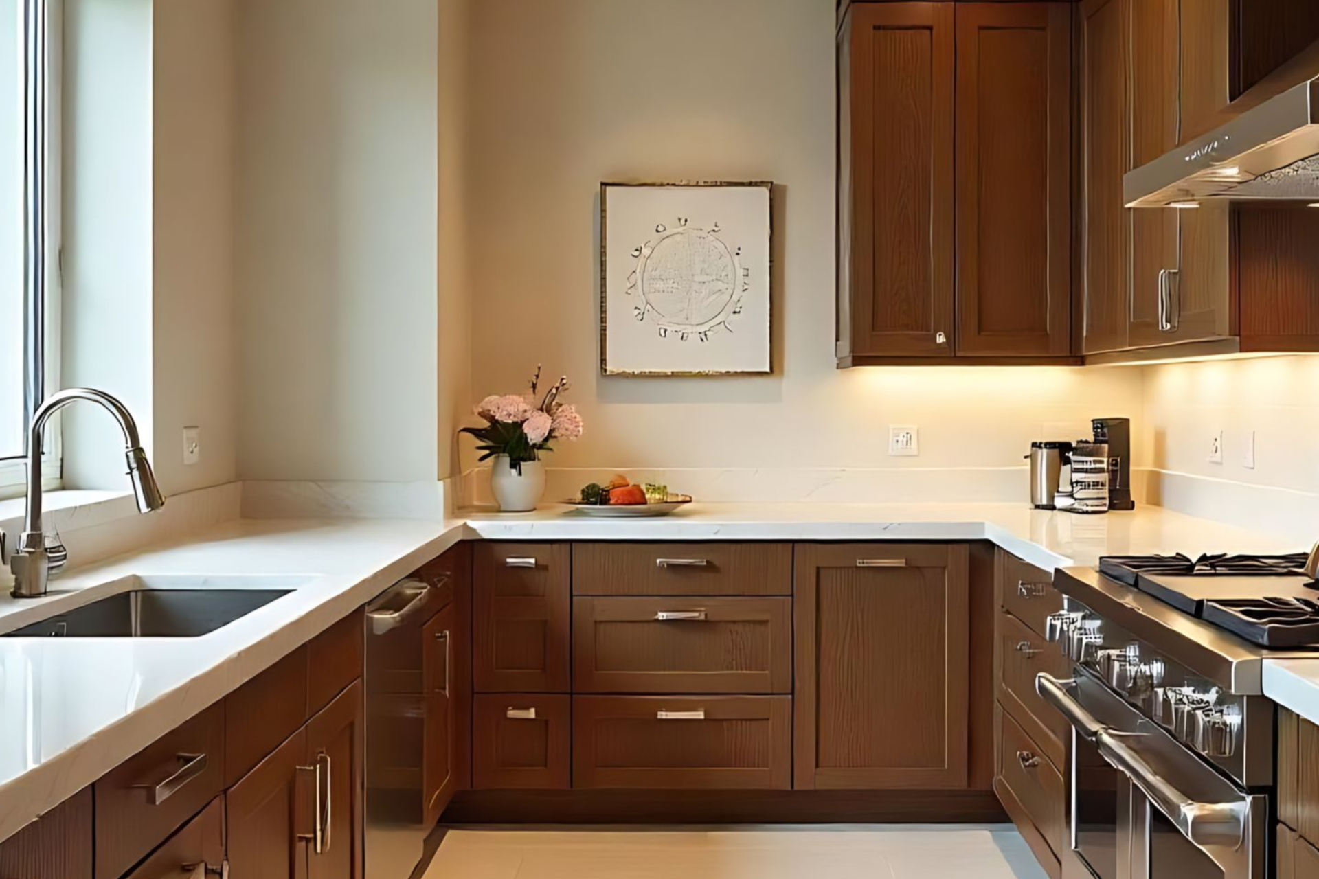 Modern kitchen with brown cabinets, white countertop, stainless stove, and a sink by the window.