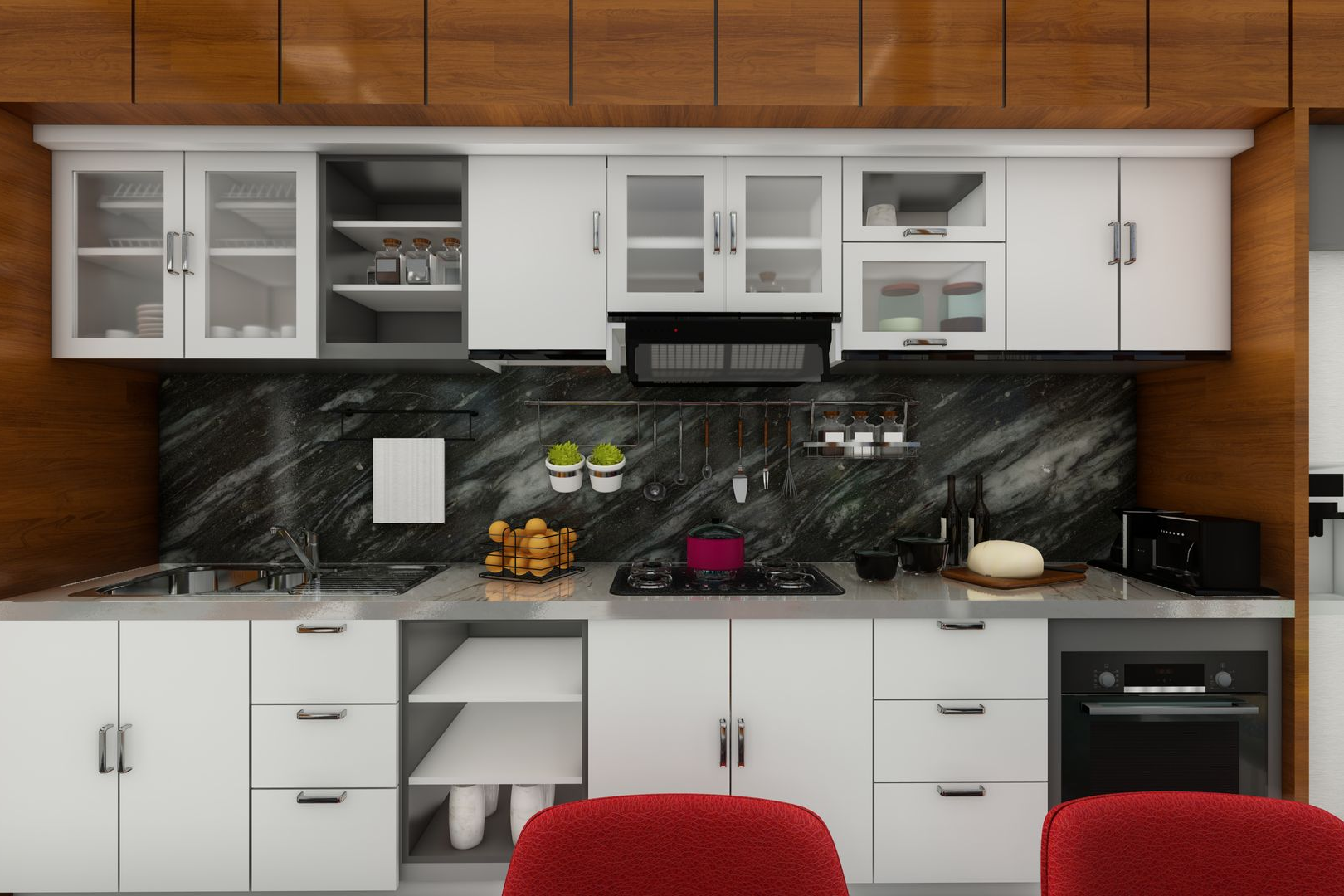 Modern kitchen with white cabinets, dark marble backsplash, wood soffit, and red stools