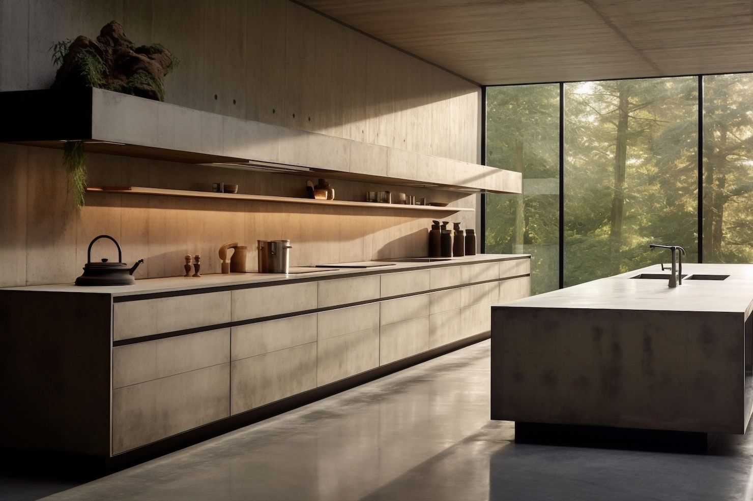 Modern minimalist kitchen with long wood counters, island, and large windows overlooking a forest.