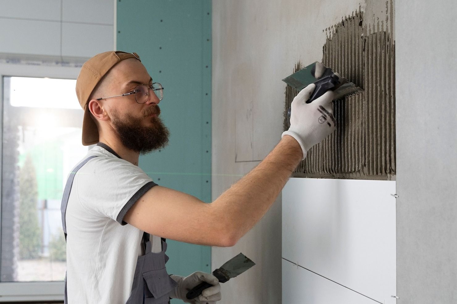 Person installing flooring, holding a plank covered with adhesive. Tools and bucket nearby.