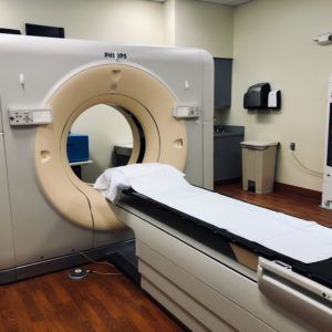 A philips ct scan machine in a hospital room