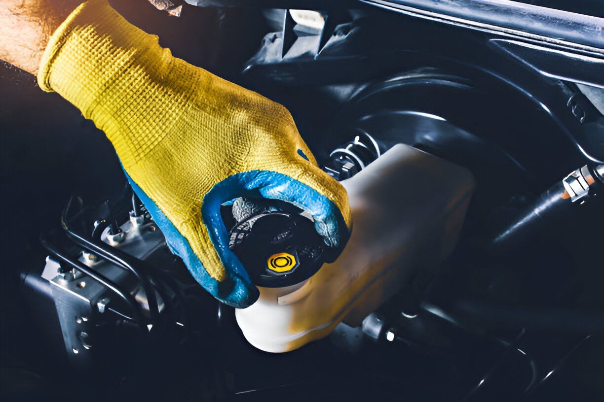 Hand in yellow work glove opening a car's brake fluid reservoir.