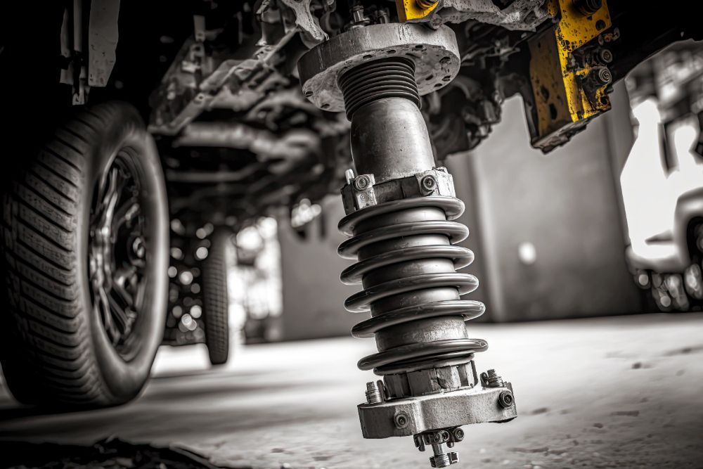 Undercarriage of a vehicle with a large, industrial jack extending downwards, tire visible on the left.