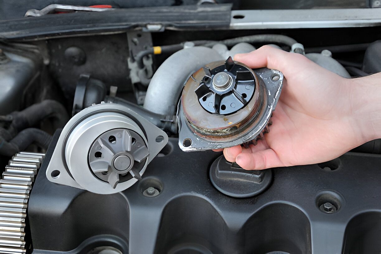 A hand holds a worn car water pump next to a new one, over an engine.