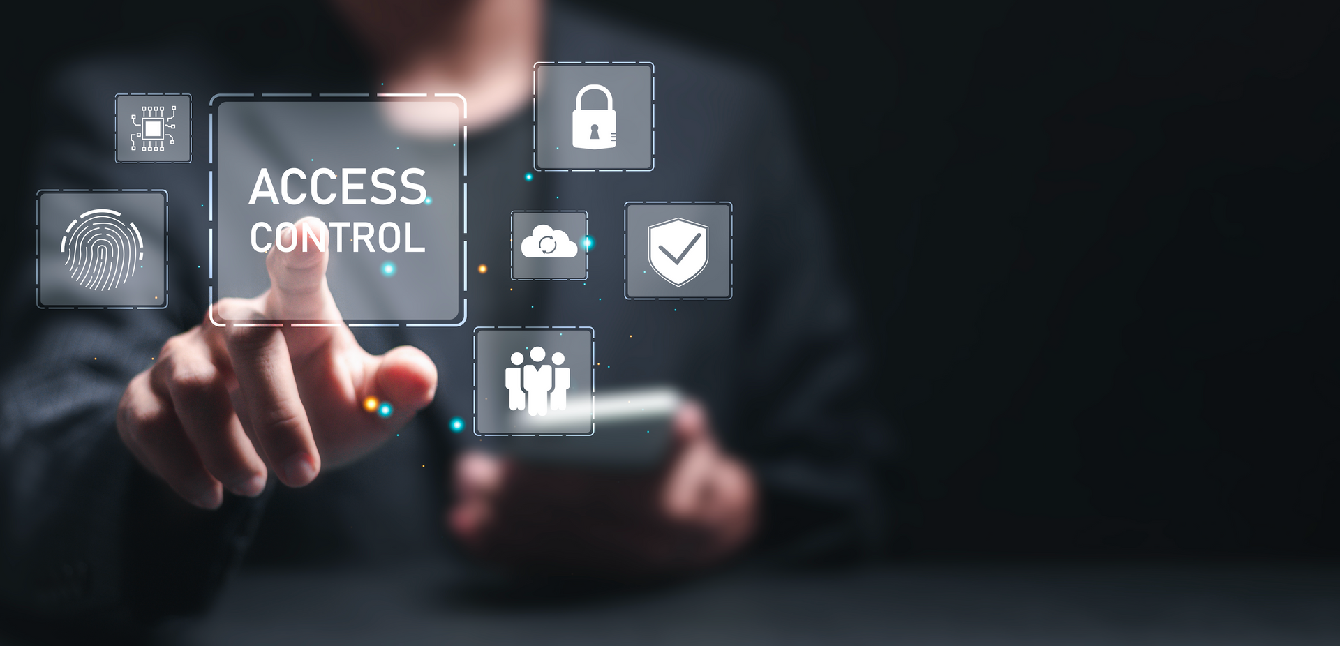 A person is pressing a button on a screen that says access control.