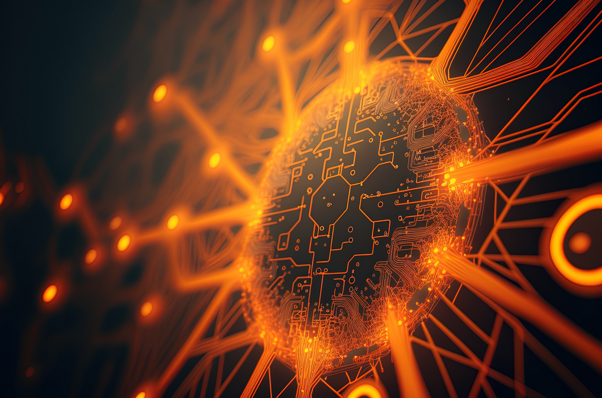 A computer generated image of a glowing sphere surrounded by lines and dots.