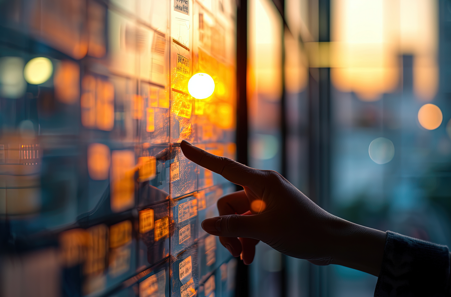 A person is pointing at a board with sticky notes on it.