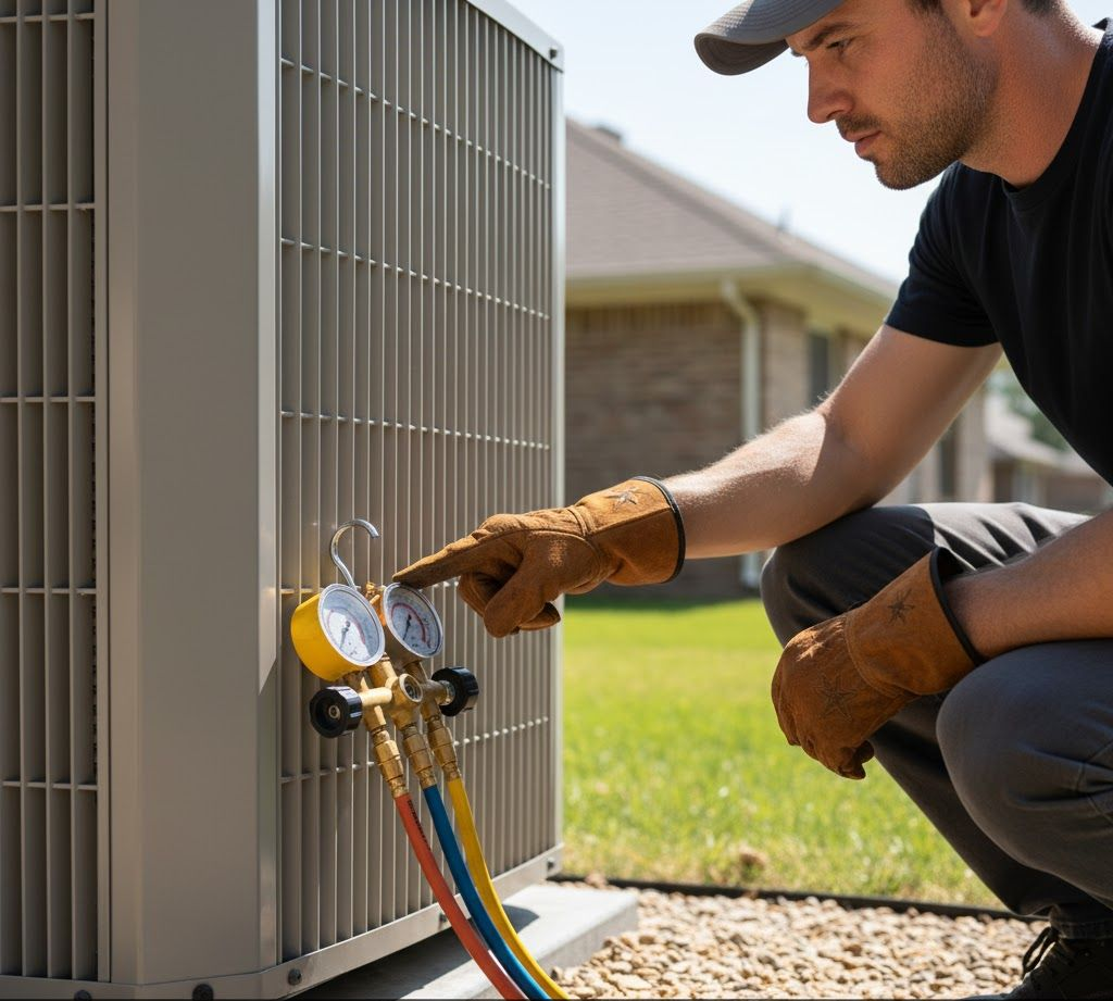 HVAC technician inspecting gauges on an air conditioning unit outside a house.