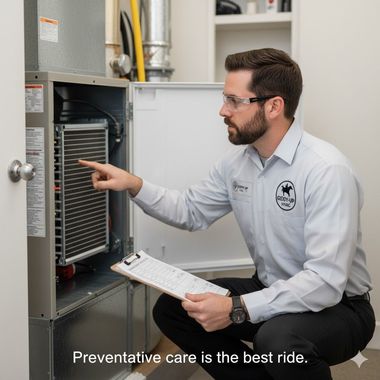 HVAC technician examining a furnace unit. He points to a component while holding a clipboard.