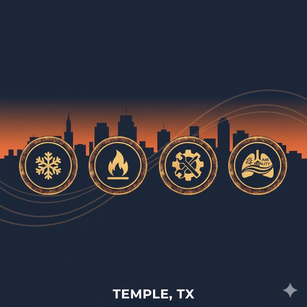 Silhouette of Temple, TX skyline with four circular icons: snowflake, flame, gears, lungs.