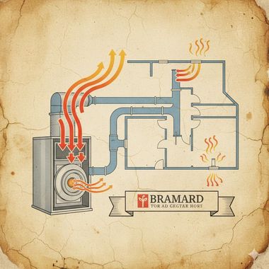 Diagram of a forced-air heating system. Orange arrows indicate airflow, blue ductwork, and the