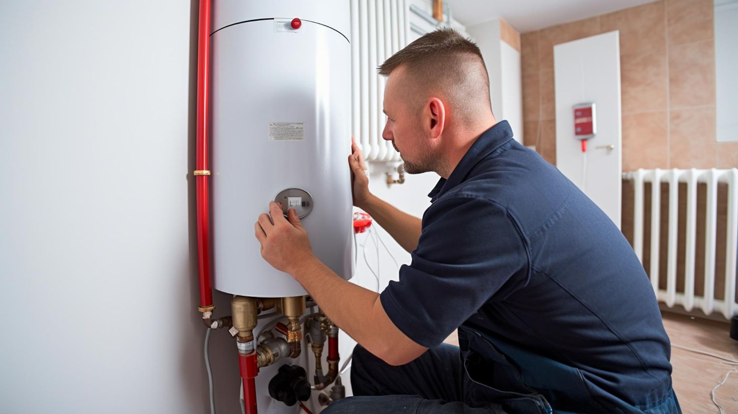 Technician servicing a wall-mounted water heater with exposed pipes in a home utility room