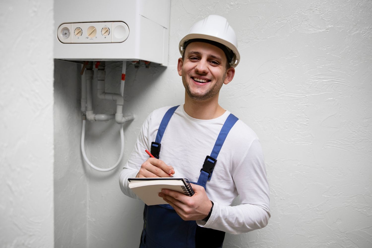 Smiling electrician in white shirt and hard hat holding a clipboard beside wall-mounted equipment