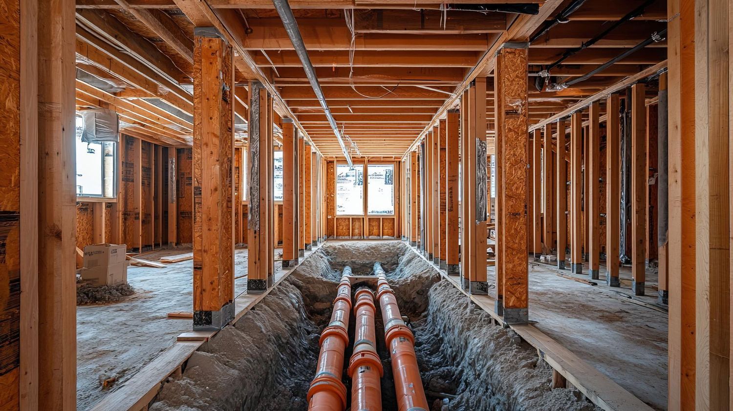 Interior of a building under construction with exposed wooden framing and orange pipes running through the floor