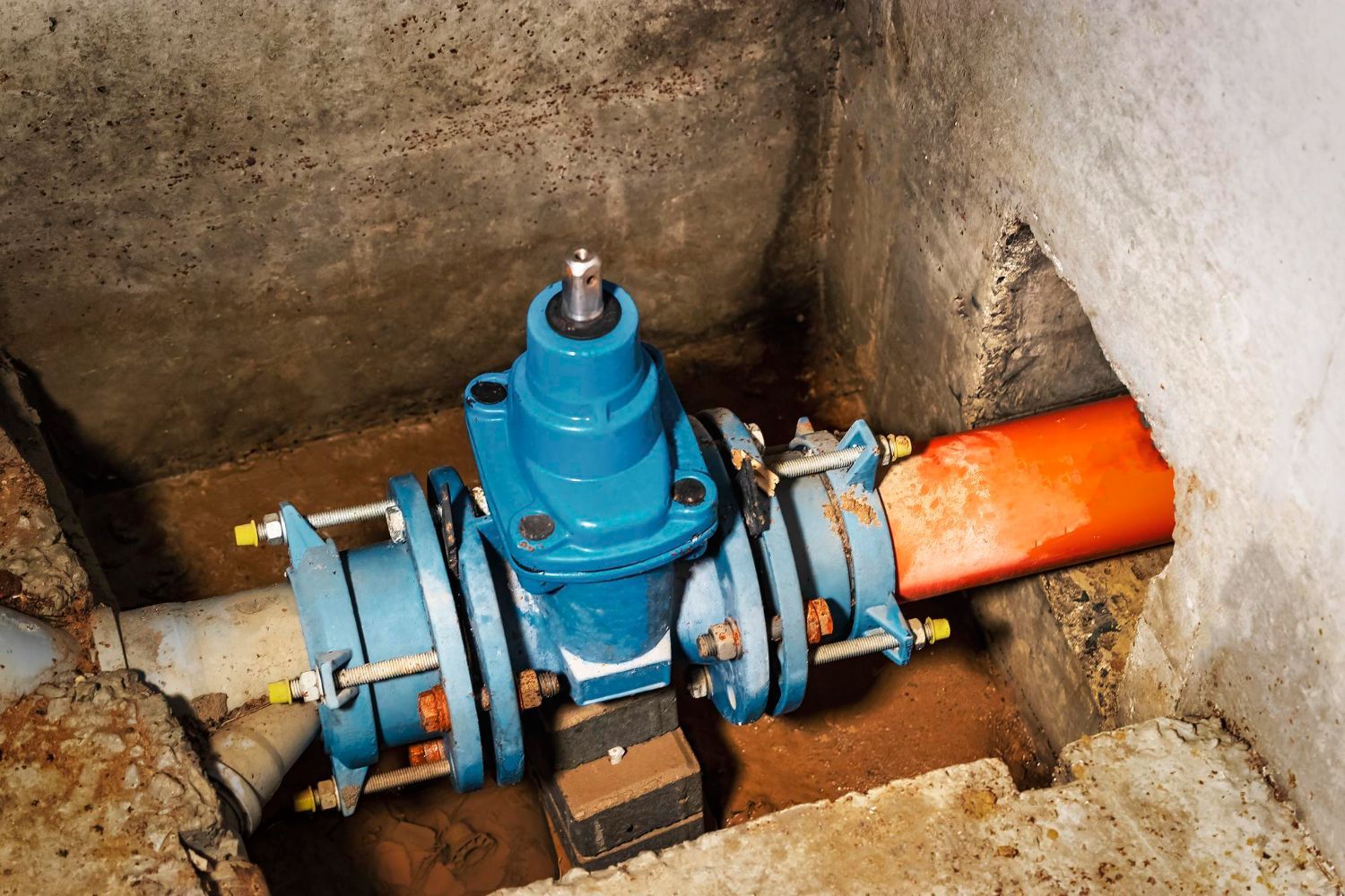 Blue fire hydrant valve with orange pipes in a concrete pit