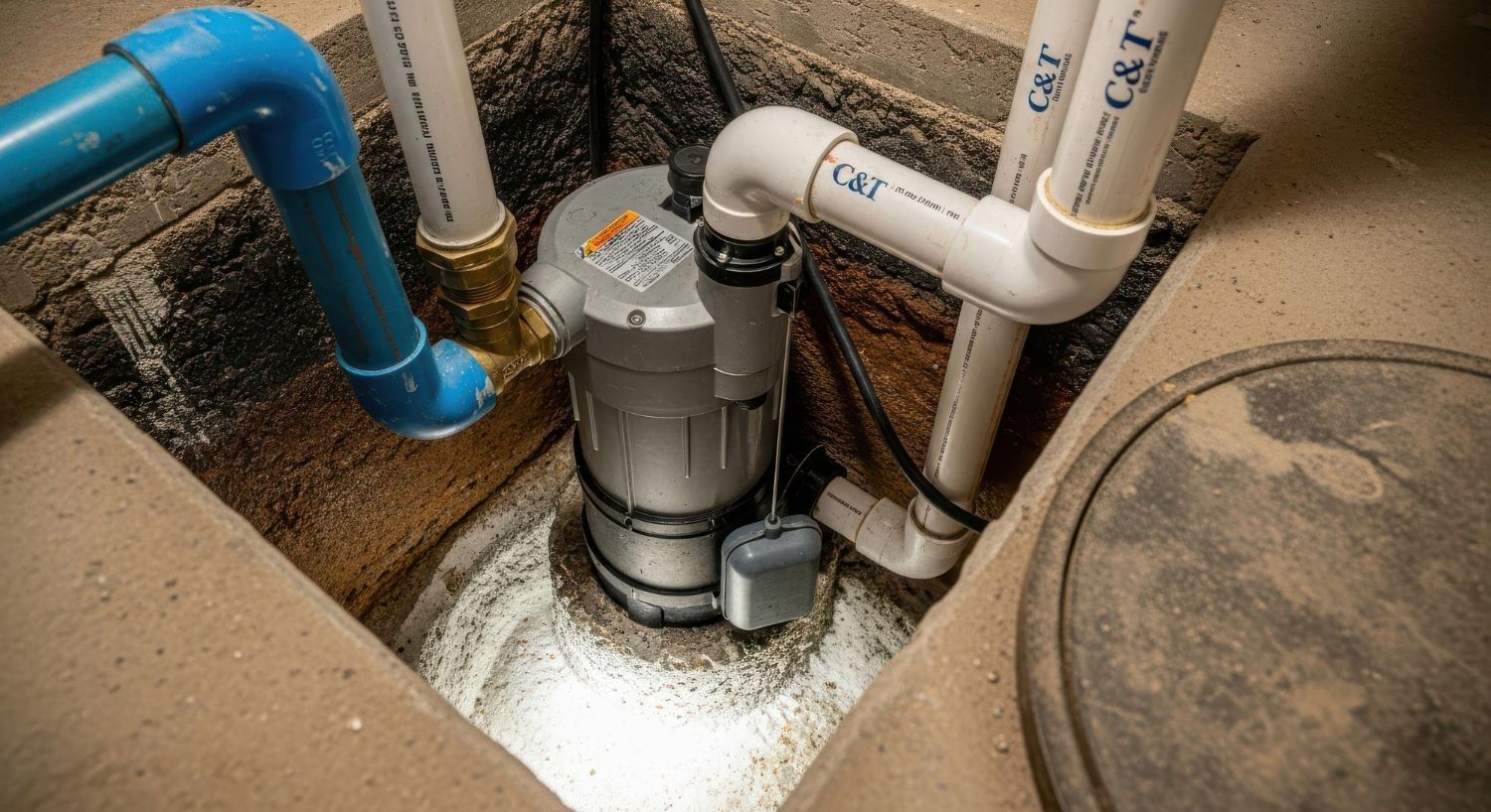 Pool pump and plumbing pipes in a concrete utility pit, with a blue pipe and white PVC lines.