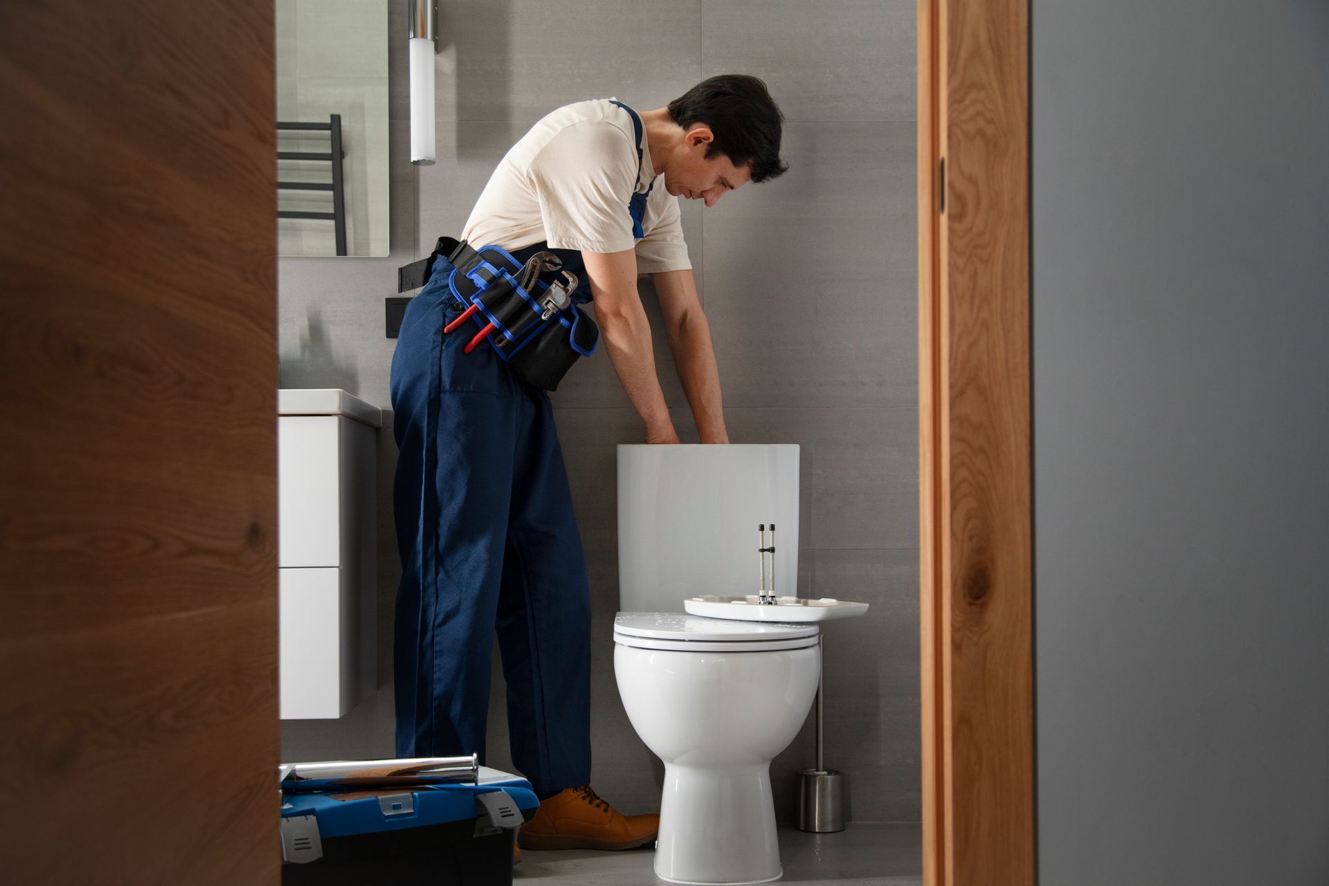 A plumber is fixing a toilet in a bathroom.
