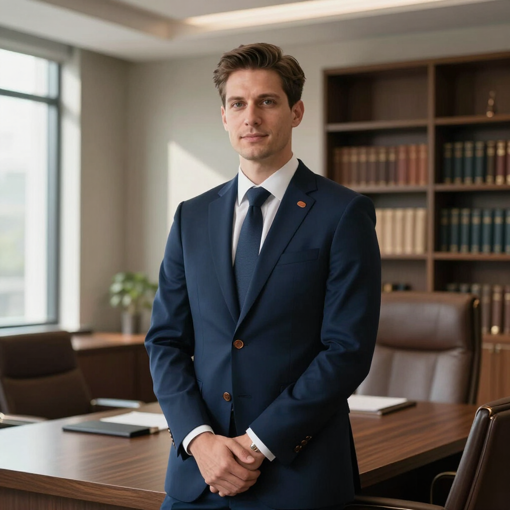 Man in a navy suit standing in a modern office conference room, hands clasped, beside a wooden table.