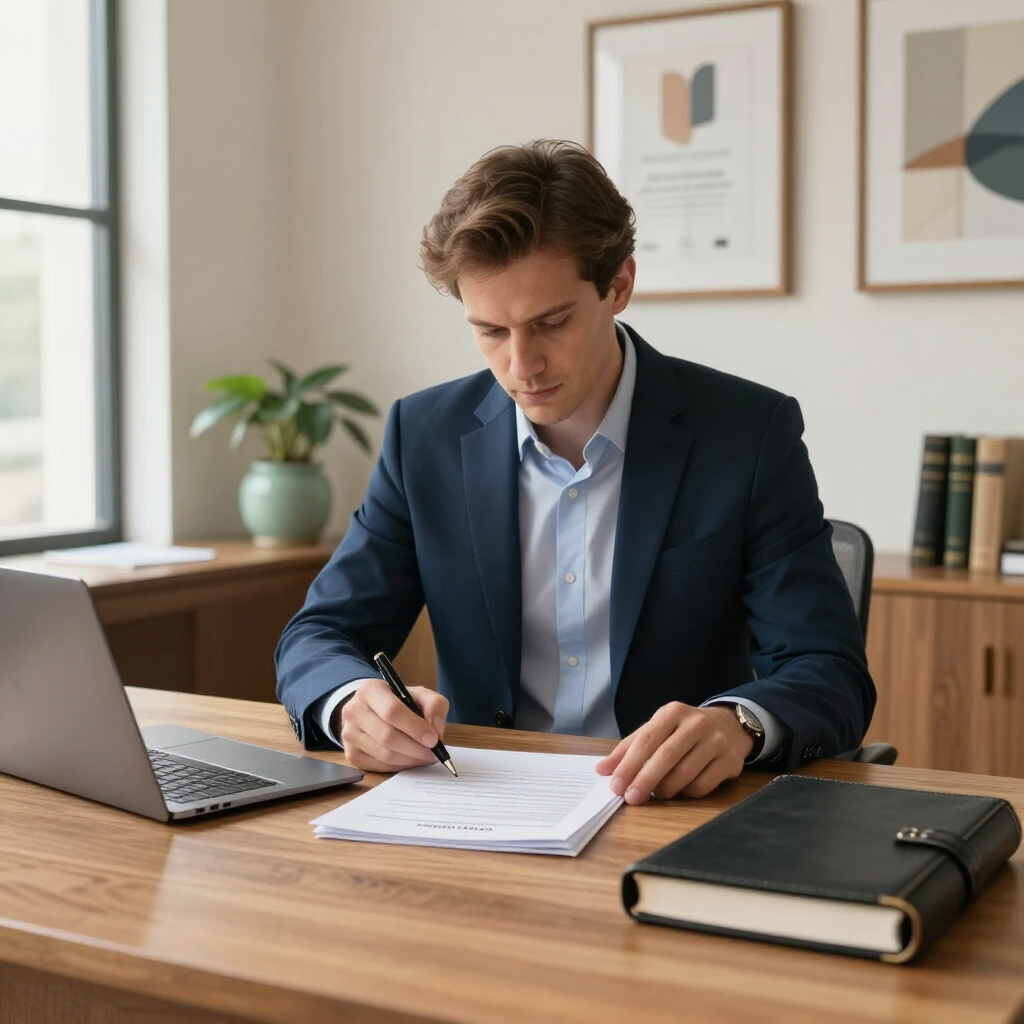 Businessman writing on paper at a desk with a laptop in a bright office