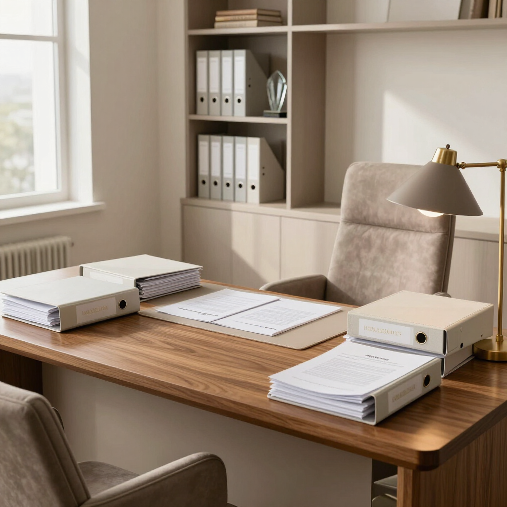 Organized office desk with papers, binders, and a lamp in a bright home office