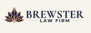 Brewster Law Firm logo with stylized leaf icon in dark blue and copper tones