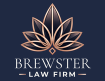Brewster Law Firm logo with rose-gold lotus on navy background