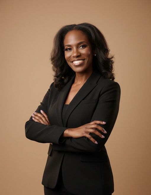Professional woman in a black blazer smiling with arms crossed against a tan background