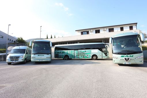 Tre autobus parcheggiati in un deposito, tra cui un grande pullman turchese al centro e due autobus bianchi ai lati.