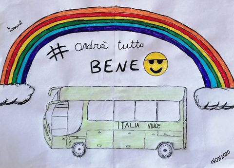 Rainbow over a green bus with “Andrà tutto bene” and a smiling sun emoji
