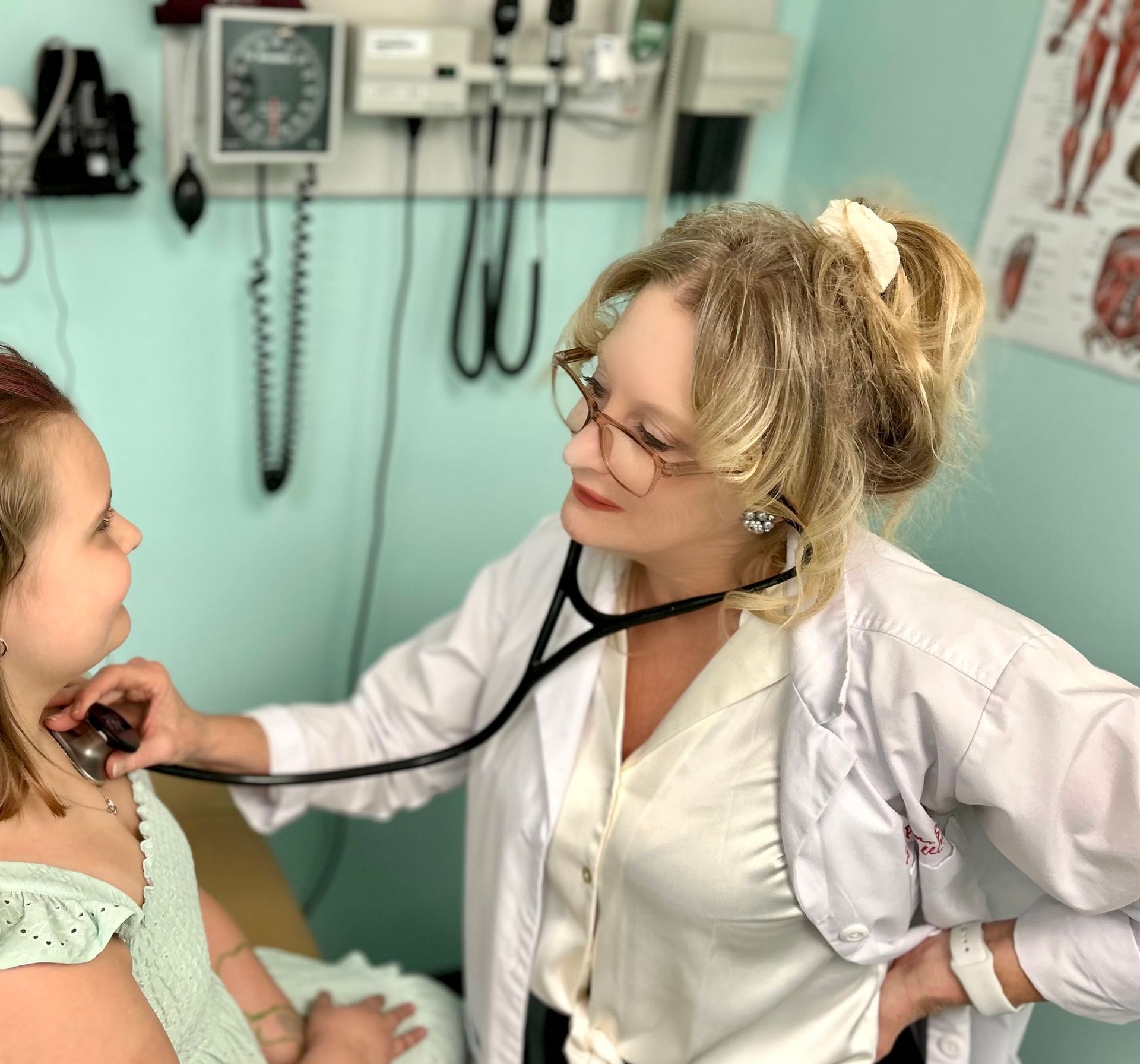 A woman is sitting on a bed shaking hands with a doctor. A woman is sitting on a bed shaking hands with a doctor.