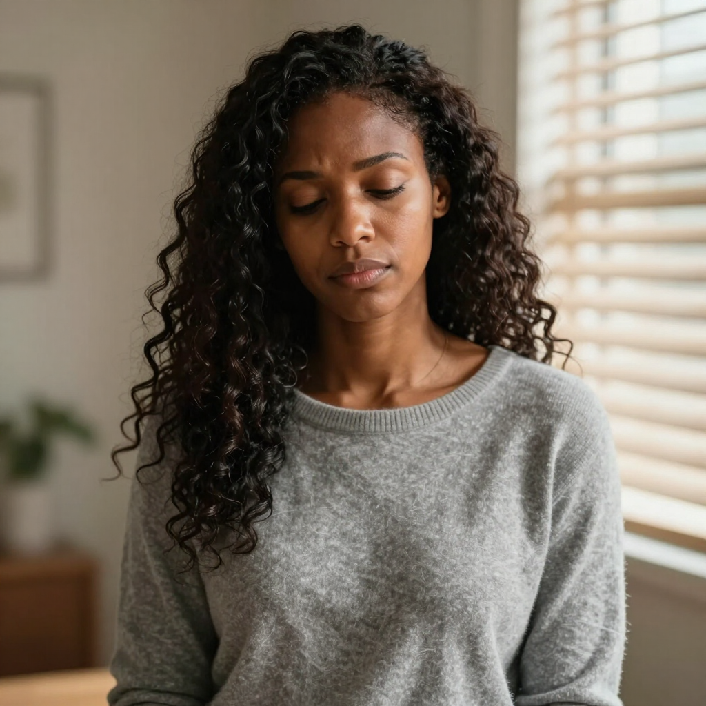 Woman with curly hair sitting indoors, looking down with a thoughtful expression in a gray sweater.