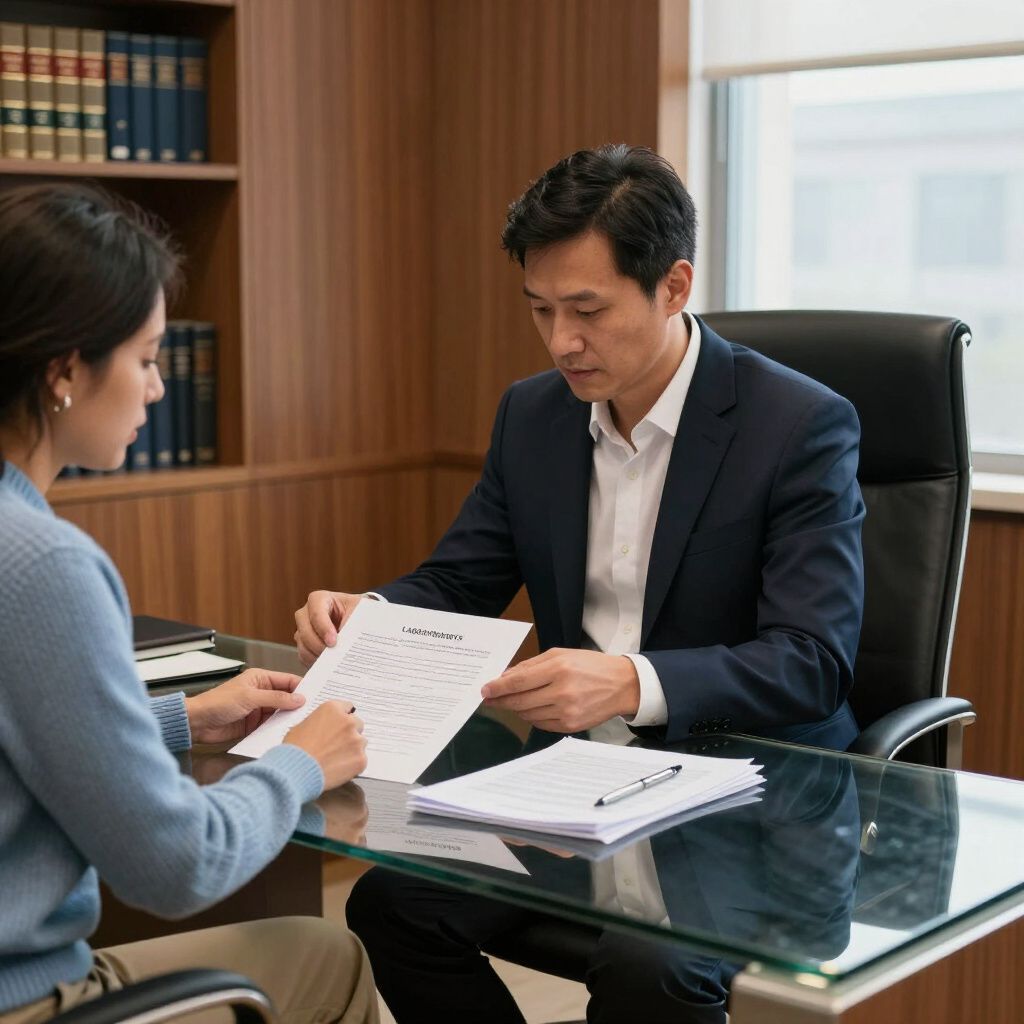 Vrouw ondertekent document aan een bureau, in aanwezigheid van een man in pak, in een kantooromgeving.