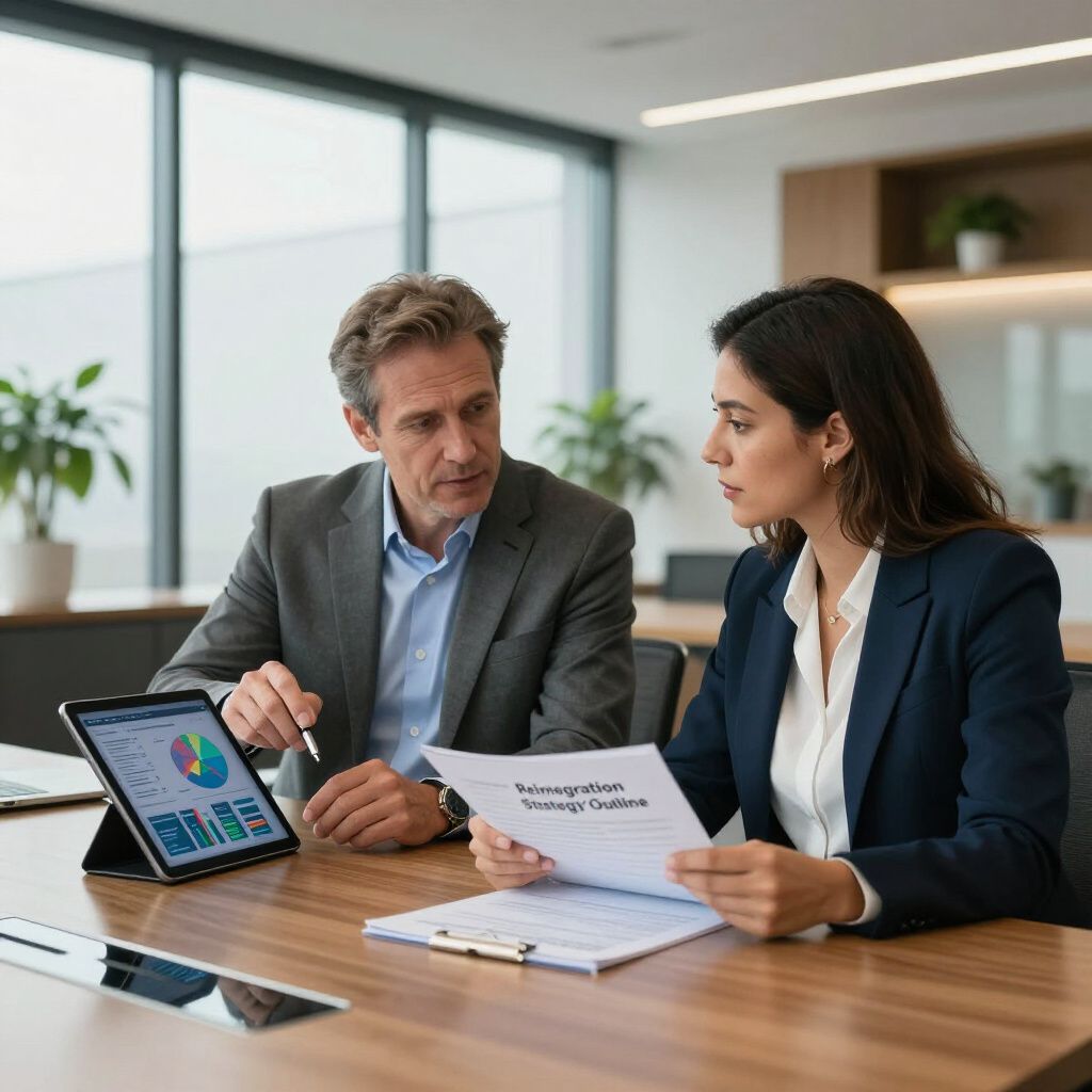Een man en een vrouw in zakelijke kleding bekijken gegevens op een tablet en een document aan een vergadertafel.
